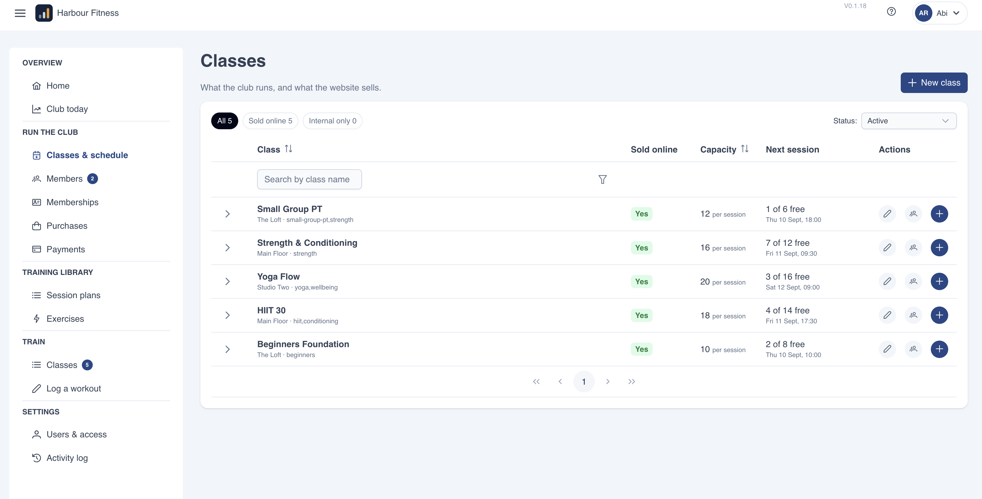 Classes and schedule in the management portal, with capacity and the next session for each class