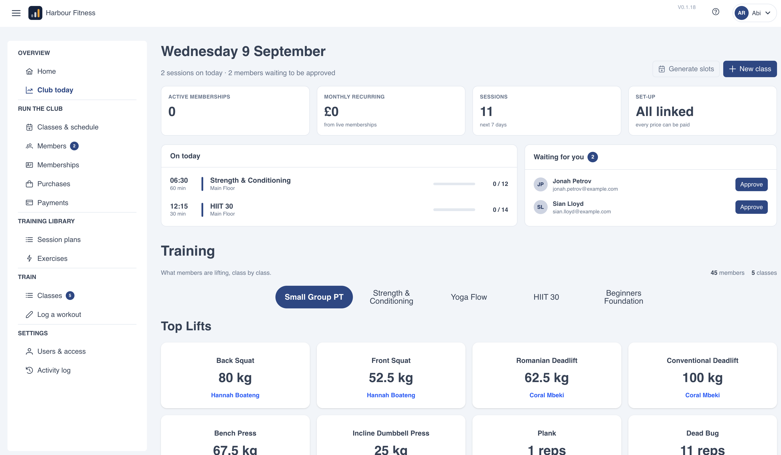 The Harbour Fitness management portal, showing today's sessions and members waiting for approval